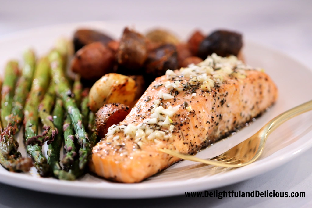 Lemon Garlic Butter Baked Salmon with Asparagus and Potatoes