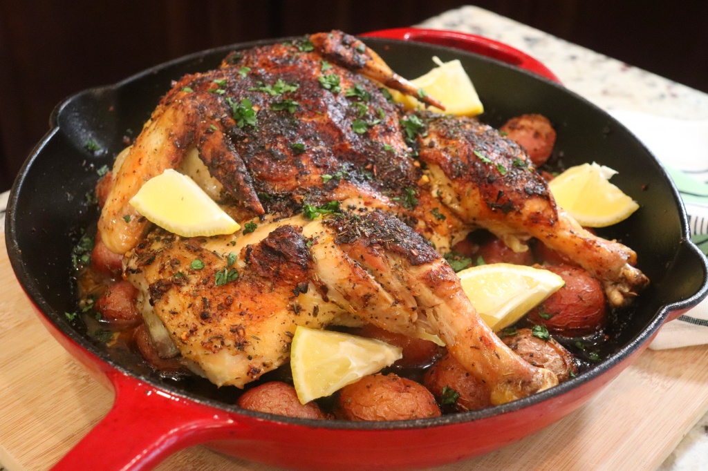 Chicken Under a Brick with Roasted Red Potatoes